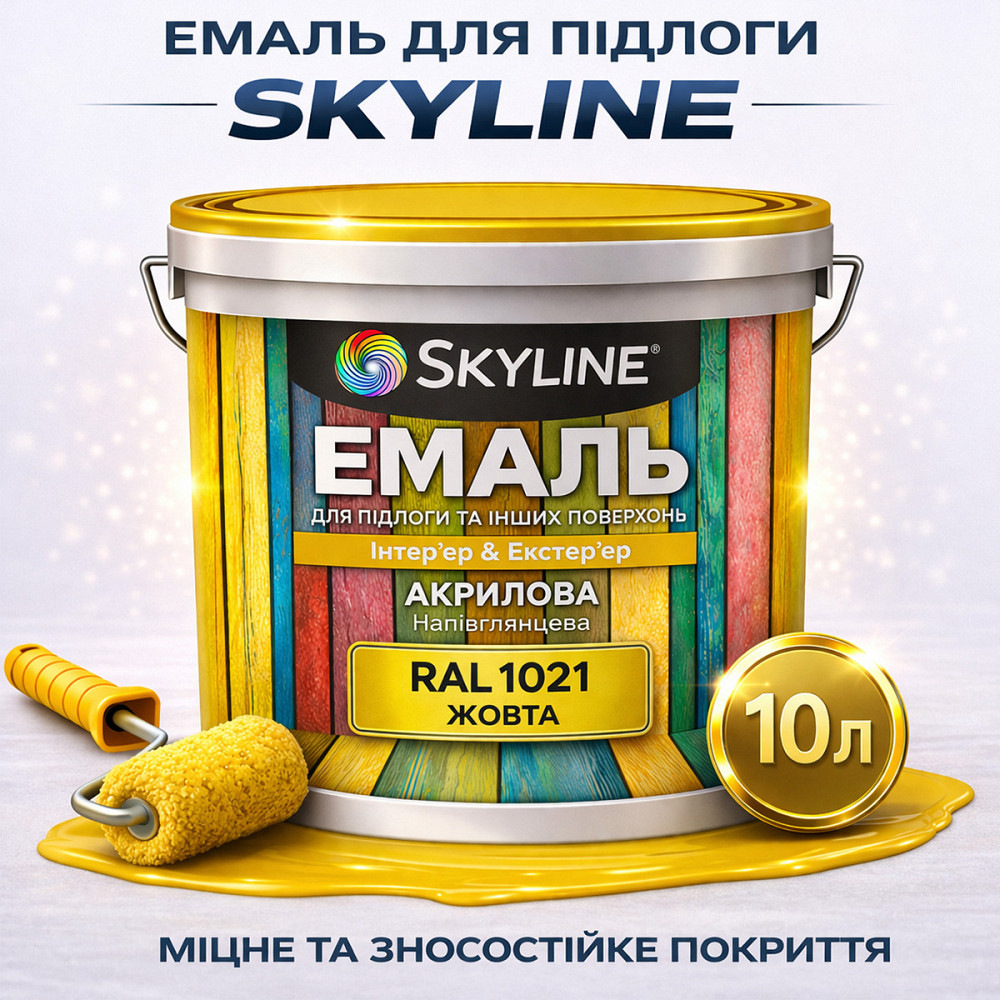 Емаль для підлоги SkyLine RAL 1021 Жовта, вологостійка, зносостійка, без запаху, для дерева, металу та бетону, 10 л Харків - фото 1