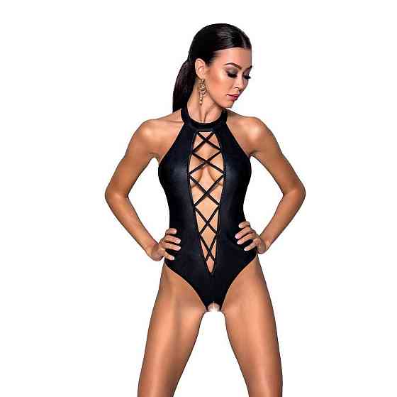 Боді з еко-шкіри з імітацією шнурівки та відкритим доступом Passion NANCY BODY L/XL, black Sex Aura Київ