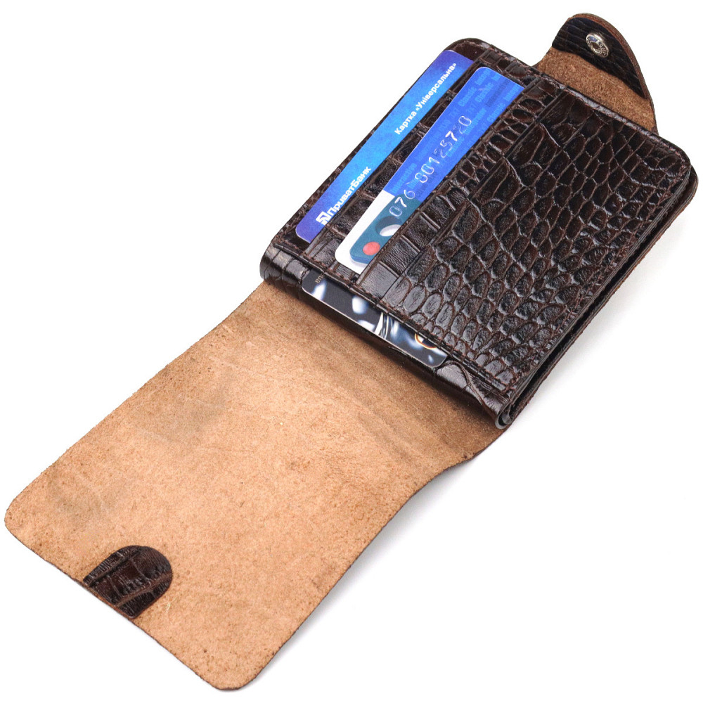 Практичное портмоне для мужчин в два сложения из натуральной фактурной кожи с тиснением под крокодила Коричневое (CANPELLINI) Киев - изображение 10