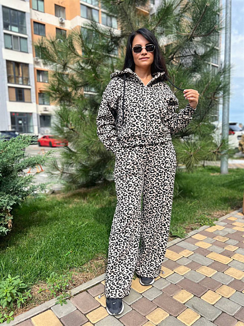Костюм женский W 9231 леопардовый утепленный флис худи и брюки палаццо коричневый, коричневый, S Киев - изображение 9