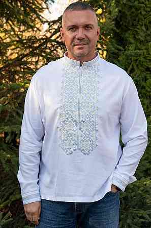 Вышиванка льняная мужская, длинный рукав, белая,( лен ) топ Киев