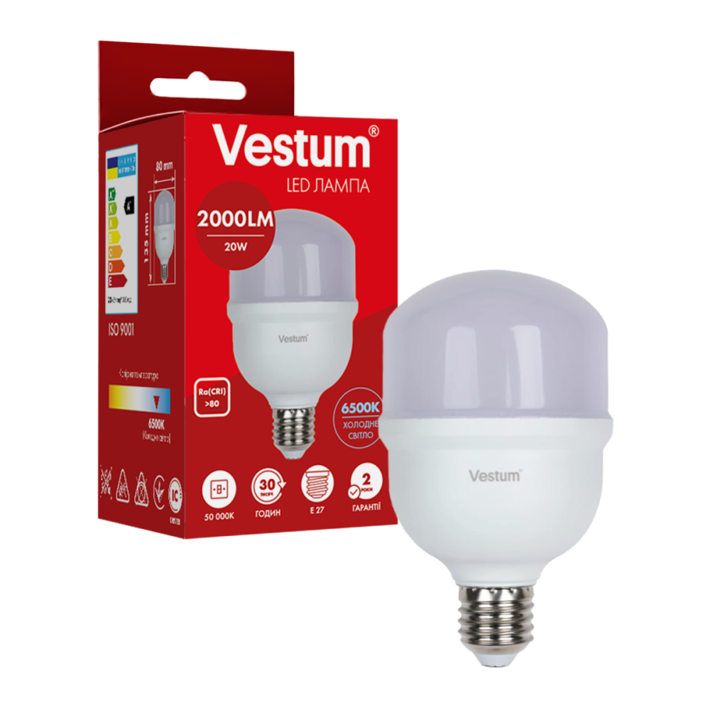 Світлодіодна високопотужна лампа Vestum T80 20W 6500K 220V E27 1-VS-1607 Київ - фото 1