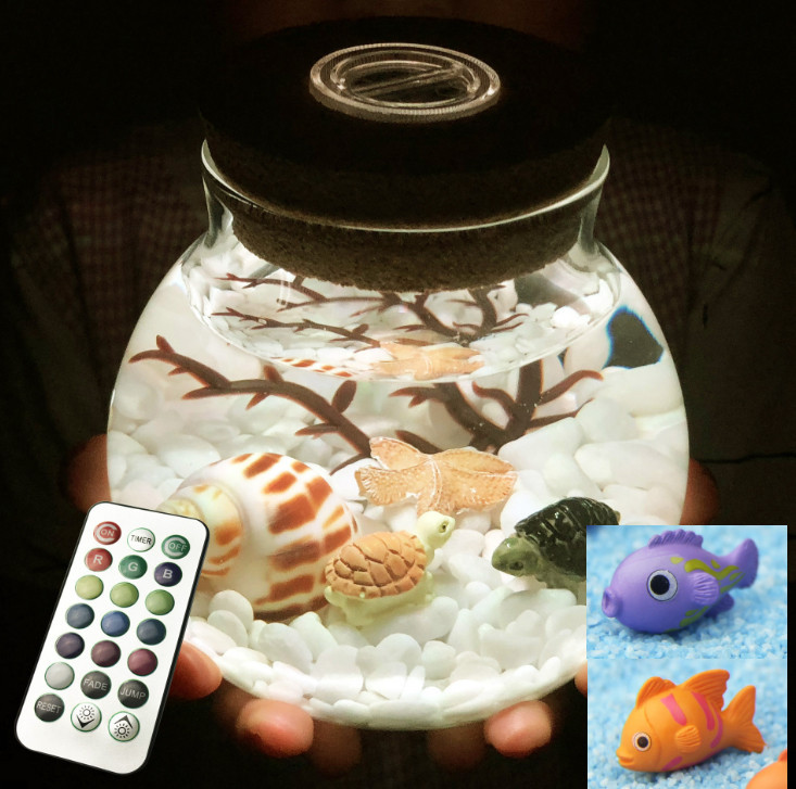 Ночник, Аквариум в банке ПУЛЬТ МУЛЬТИЦВЕТ, светящаяся бутылка, подарочный набор собери сам! БЕЛЫЙ с рыбками Кременчуг - изображение 1