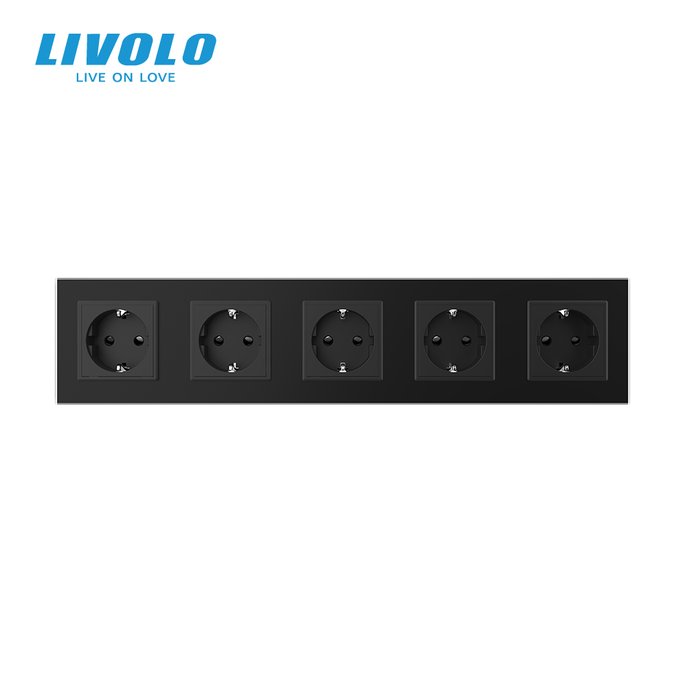 LIVOLO П’ятимісна електрична розетка з заземленням LIVOLO, чорна, скляна матова рамка, шторки, Коломия - фото 11