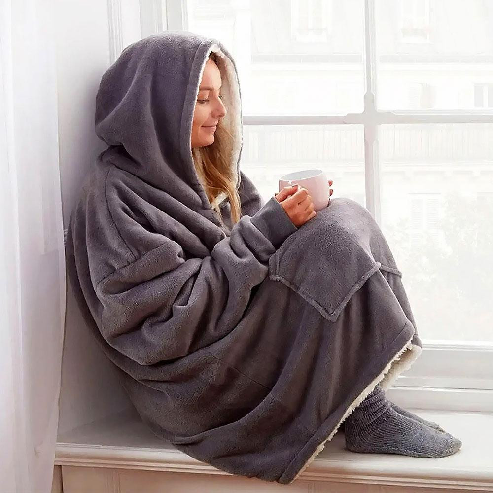 Плед толстовка с капюшоном (100х80см) HUGGLE HOODIE, Серый / Плед-худи / Оверсайз толстовка плед с капюшоном Киев - изображение 6