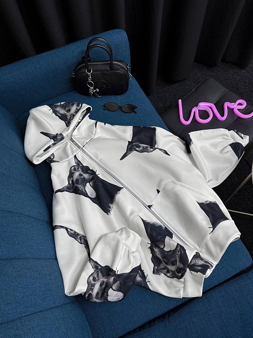 Жіноче тепле оверсайз худі на блискавці з доберманами трьохнитка на флісі Одеса - фото 2