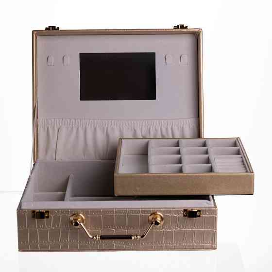 Скринька для прикрас з еко шкіри 19 відділень з дзеркалом 23.5×14×8 см Золотистий HP-5-20GOLD Коломыя