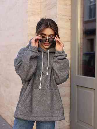 Жіноче затишне худі оверсайз шерпа на велюрі Графіт Одеса