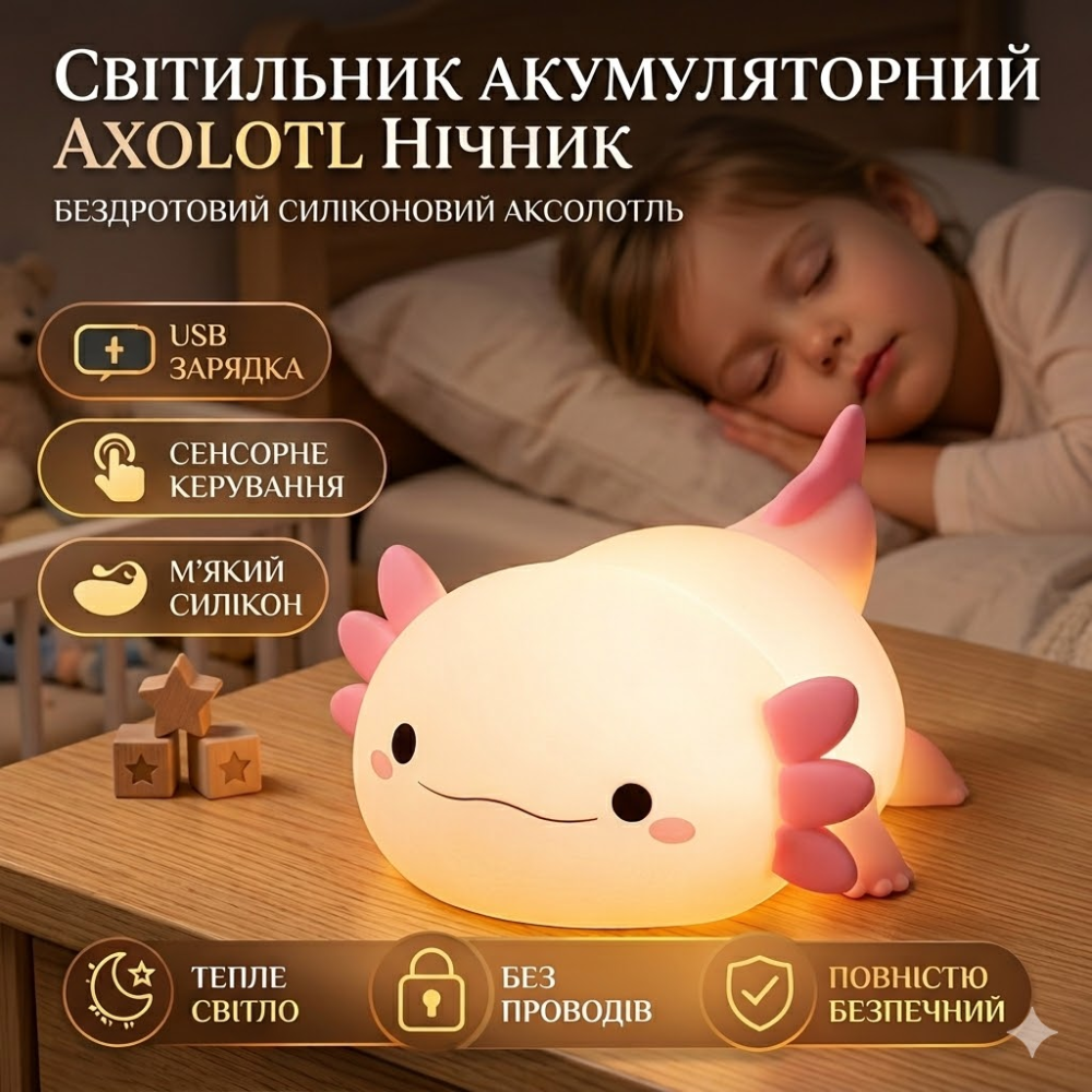 Світильник Акумуляторний Axolotl Нічник Бездротовий Силіконовий Аксолотль Київ - фото 1
