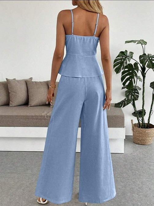 Женский летний брючный костюм двойка: топ и брюки лён Голубой, 50/52 Одесса - изображение 4