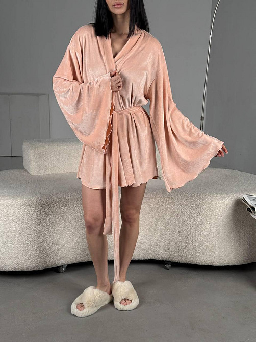Женский домашний велюровый мини халат плюш велюр Персик, Oversize 42/46 Одесса - изображение 8