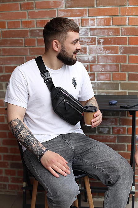 Чоловіча сумка-бананка на пояс з натуральної шкіри SL009 (Чорна) Суми - фото 6