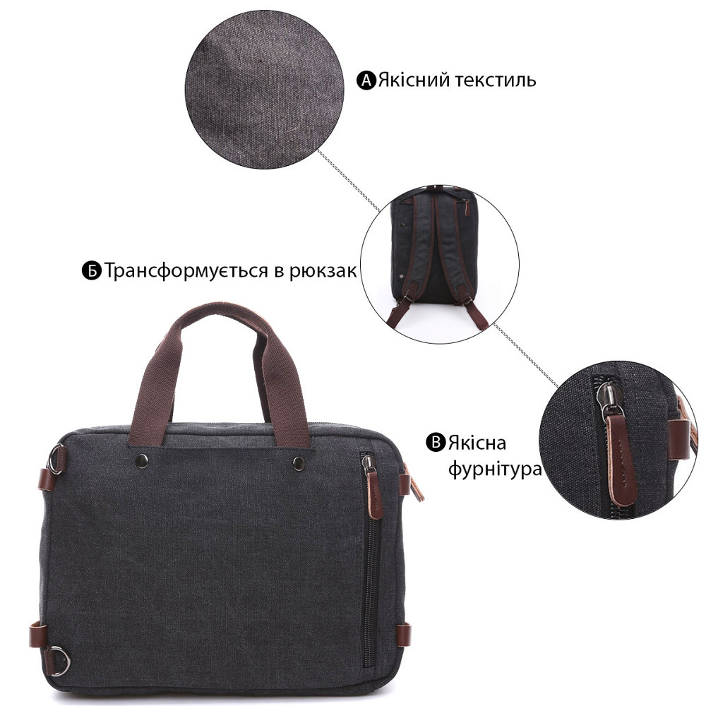 Сумка-трансофрмер текстильная большая Vintage 20078 Черная Киев - изображение 4