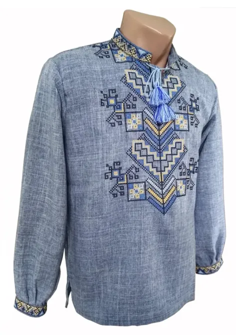 Мужская вышиванка в джинсовом цвете на длинный рукав Дерево жизни 54 Киев - изображение 1