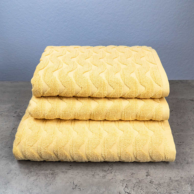 Комплект махровых полотенец Жаккардовых Волна 3шт GM Textile 50х90см, 50х90см, 70х140см 500г/м2 (Желтый) Сумы - изображение 1