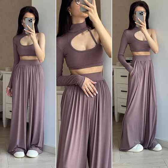 Жіночий стильний костюм-двійка: топ на одне плече та штани турецька віскоза Моко Одеса