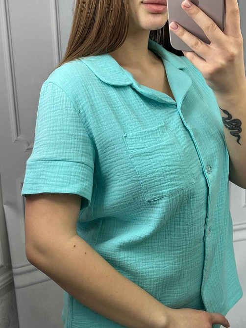 Пижама женская шорты и рубашка муслиновая Бирюзовый M Харьков - изображение 3