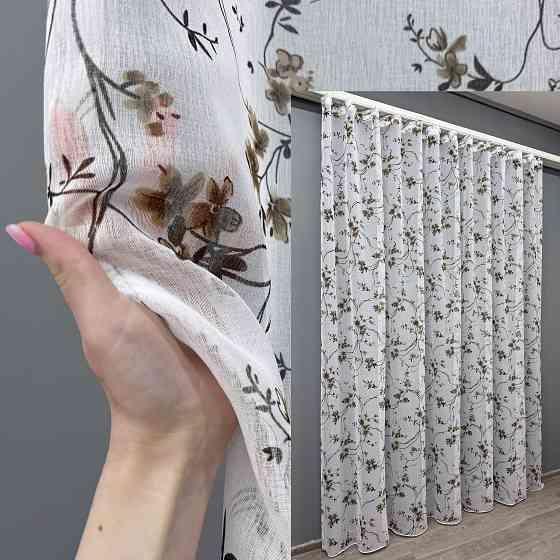 Тюль VR-Textil 1326т Flora Батист Білий с коричнево-черным принтом 400х270 см (42-0978) Киев