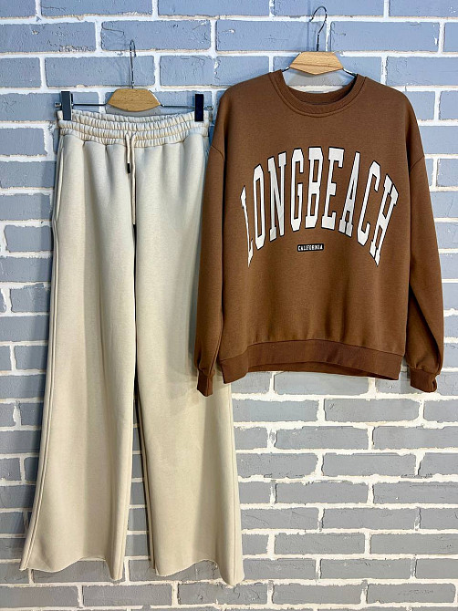 Костюм жіночий Quzen 388-488 подовжений світшот напис брюки палаццо широкі утеплений на флісі коричневий, коричневий, S Київ - фото 9