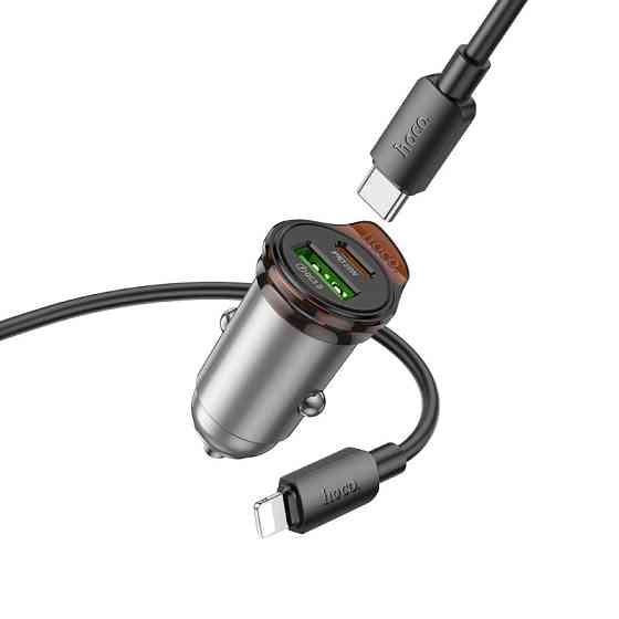 Автомобільний зарядний пристрій HOCO NZ16A Rigorous 43W dual port PD25W+QC3.0 car charger set(C to iP) Metal Grey Одеса
