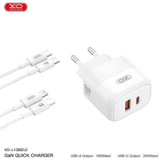 Мережевий зарядний пристрій XO L138 PD30W/QC18W 1USB-A+1USB-C + Type-c кабель білий Львів