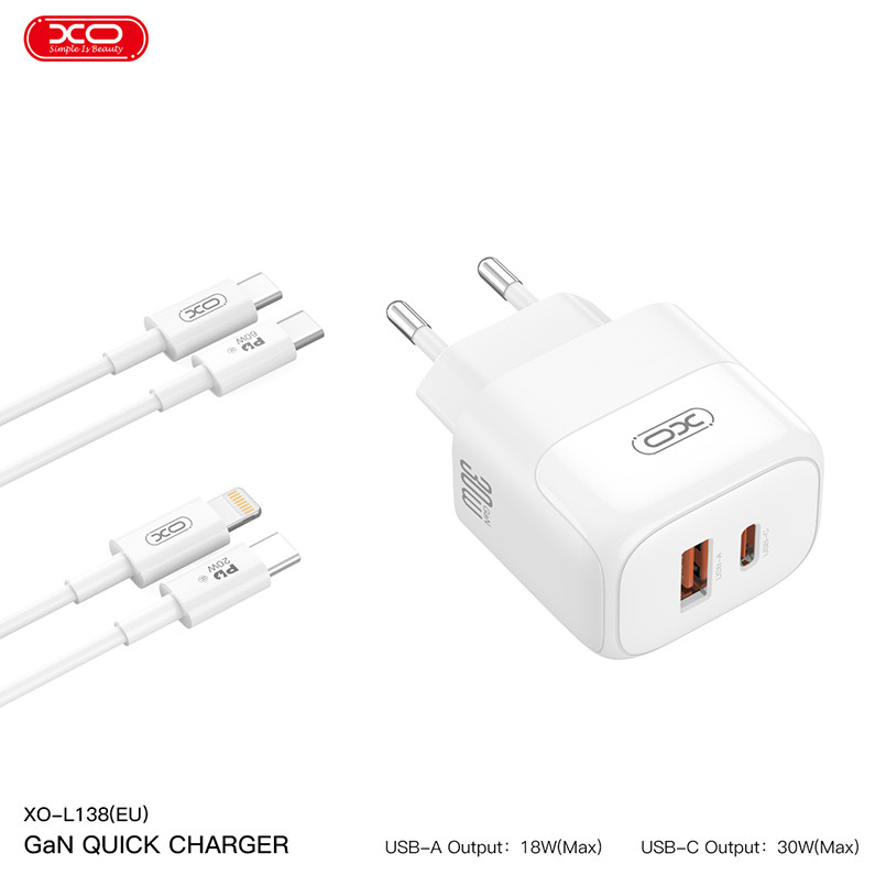 Мережевий зарядний пристрій XO L138 PD30W/QC18W 1USB-A+1USB-C + Type-c кабель білий Львів - фото 5