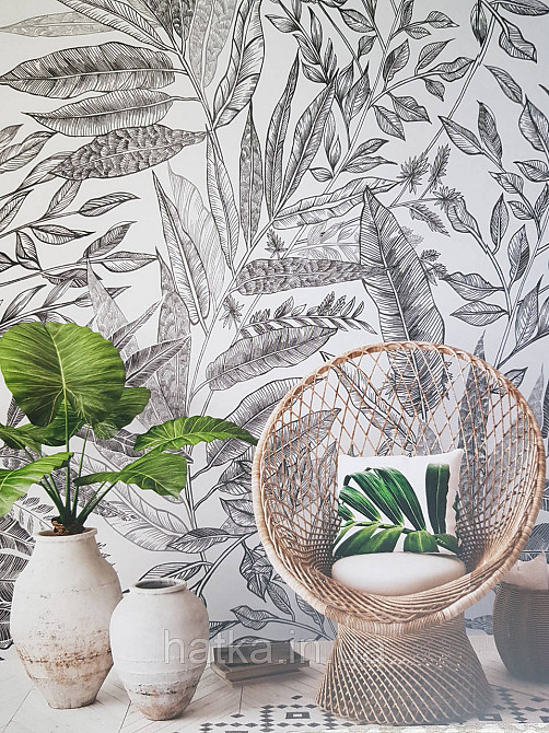 Шпалери вінілові Grandeco One roll one motif 1.59x2.8 панно мурал листя чорне на білому Київ - фото 1