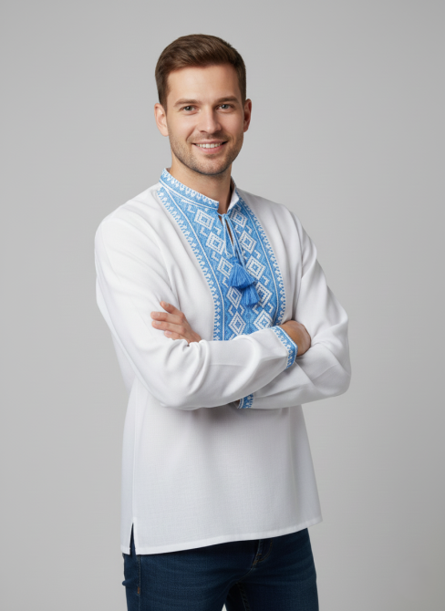 Чоловіча вишита сорочка у етнічному стилі голубий орнамент Київ - фото 2