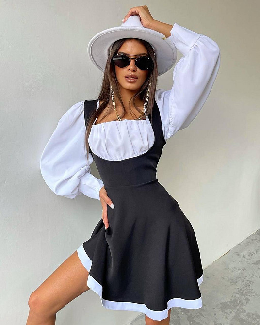 Женский сдержанный костюм двойка: блуза и сарафан в классическом стиле крепдайвинг + котон Одесса - изображение 1