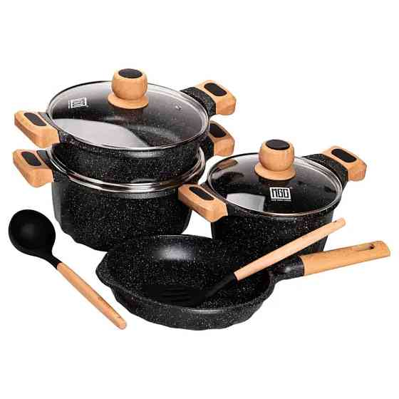 MGC Набір посуду, 3 каструлі, з товстодонною алюмінієвою лопаткою та ополоником MGC, чорний HP- Коломия
