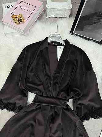 Женский домашний халат на запах велюр с кружевом Шоколад, Oversize 42/46 Одесса