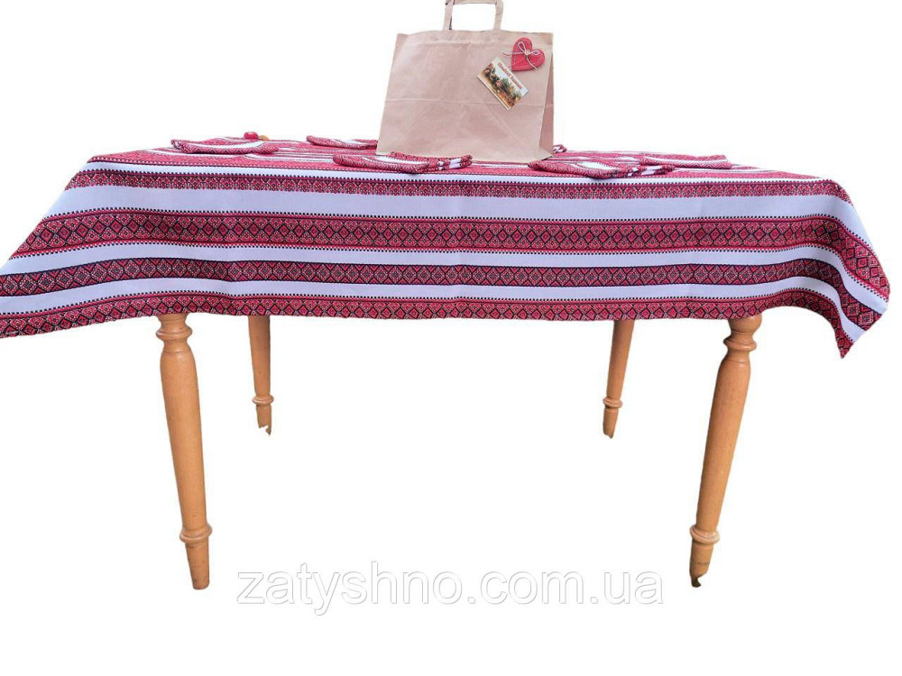 Червона скатертина з серветками машинна вишивка 230*140 Київ - фото 4