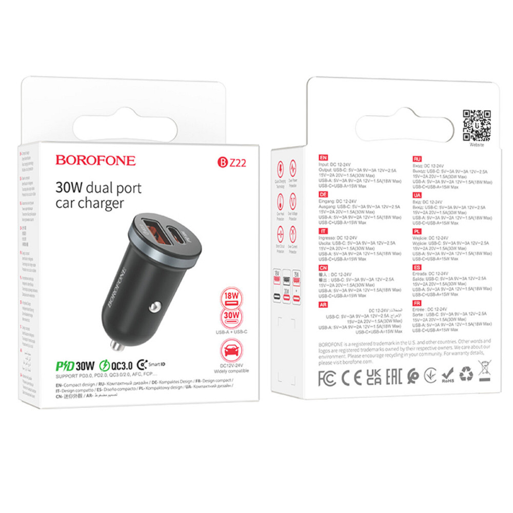 Автомобільний зарядний пристрій BOROFONE BZ22 Scenery dual port PD30W+QC3.0 car charger Black (6941991105180) Київ - фото 4