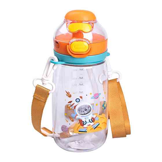 Пляшка для води дитяча 550 мл з ремінцем і трубочкою для спорту та школи 20 см Помаранчева HP-14-45O Київ