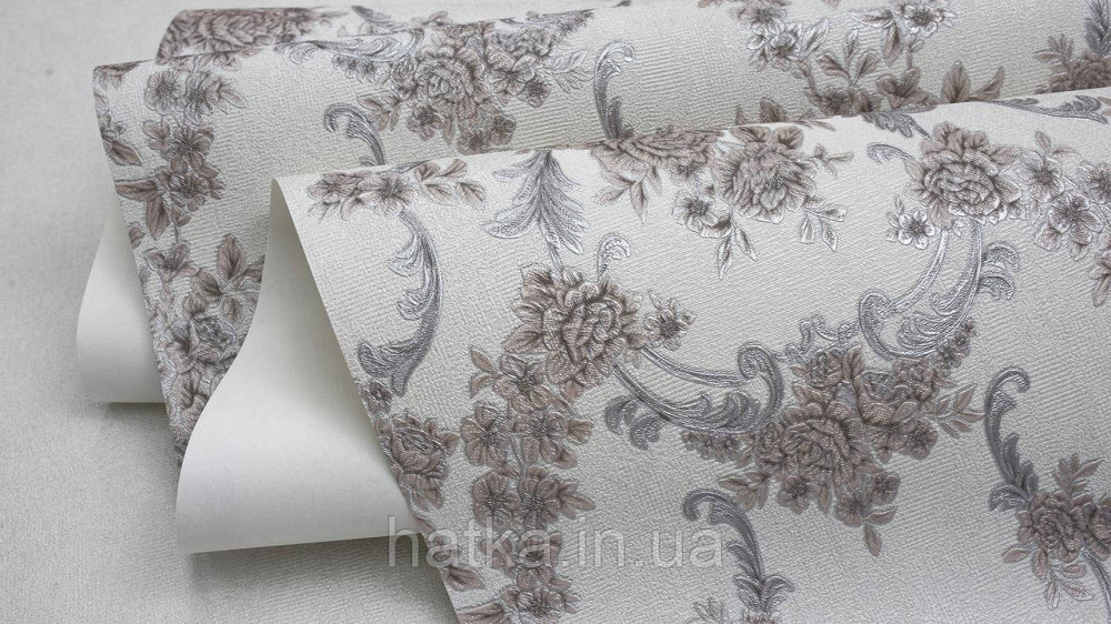 Шпалери метрові вінілові на флізеліні Sintra Classic класика квіти троянди завитки структурні коричневі срібло на сірому 445624 Київ - фото 3