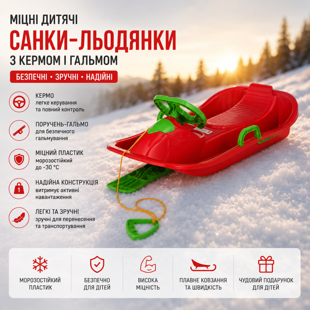 Прочные детские санки-ледянки с рулём и поручнем-тормоз из морозостойкого пластика, красная Киев - изображение 11