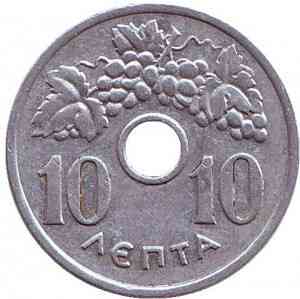Монета 10 лепт. 1959,66 год, Греция.(Г) Полтава