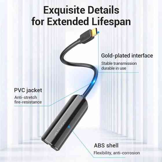 Перехідник USB 3.1 Type-C --> Ethernet RJ45 1000Mb Gigabit Vention чорний Вінниця