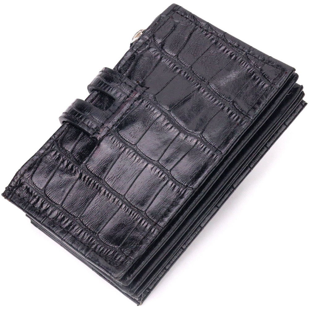 Удобный картхолдер из натуральной кожи с тиснением под крокодила KARYA 21331 Черный Киев - изображение 2