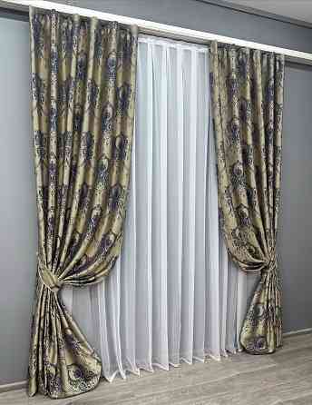 Комплект готових штор VR-Textil Парча № 1776ш Бежевий з синім 155х290 см 2 шт (33-0737) Київ