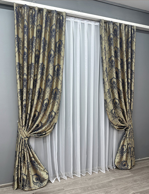 Комплект готовых штор VR-Textil Парча № 1776ш Бежевый с синим 155х290 см 2 шт (33-0737) Киев - изображение 3