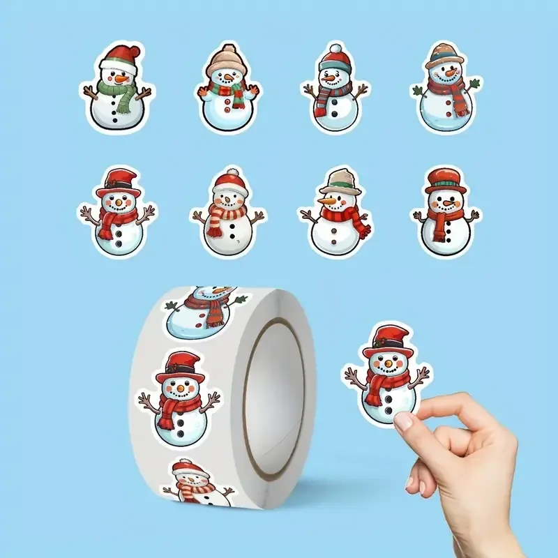 Рождественские наклейки Снеговики 500 шт – рулон самоклеящихся стикеров для упаковки и декора Киев - изображение 1