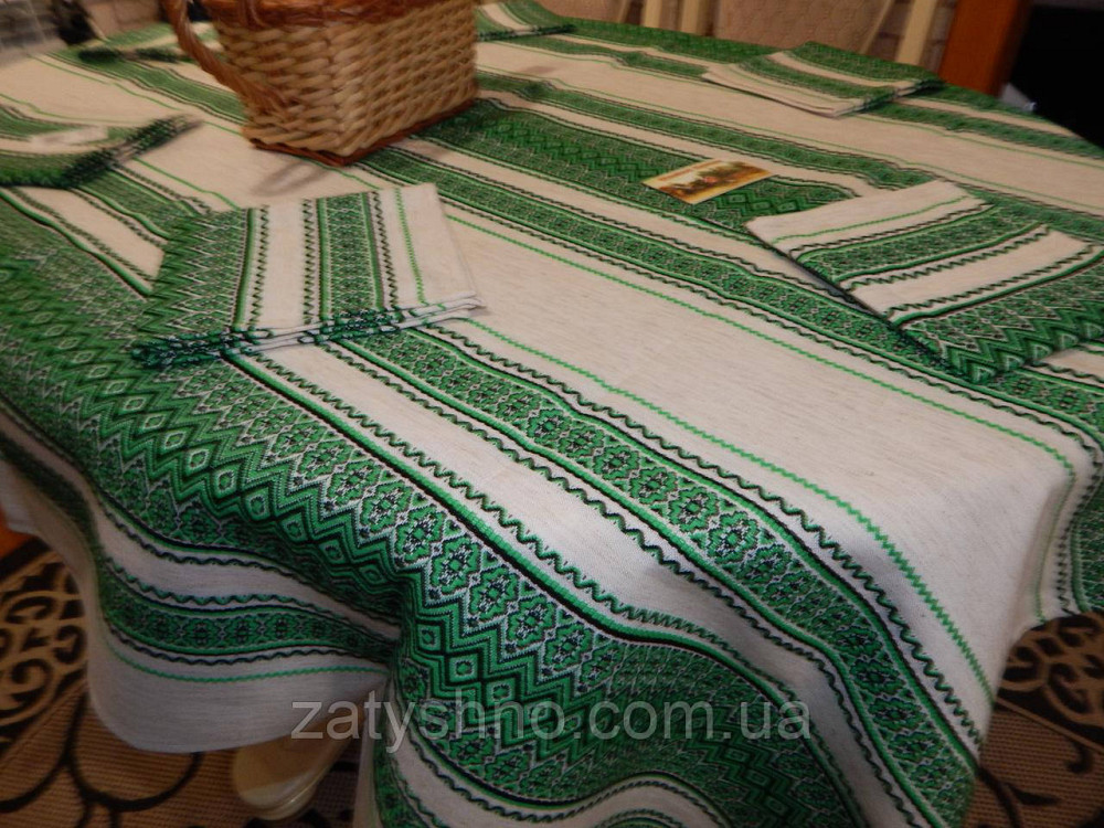 Зелена скатертина вишита на льону Київ - фото 6