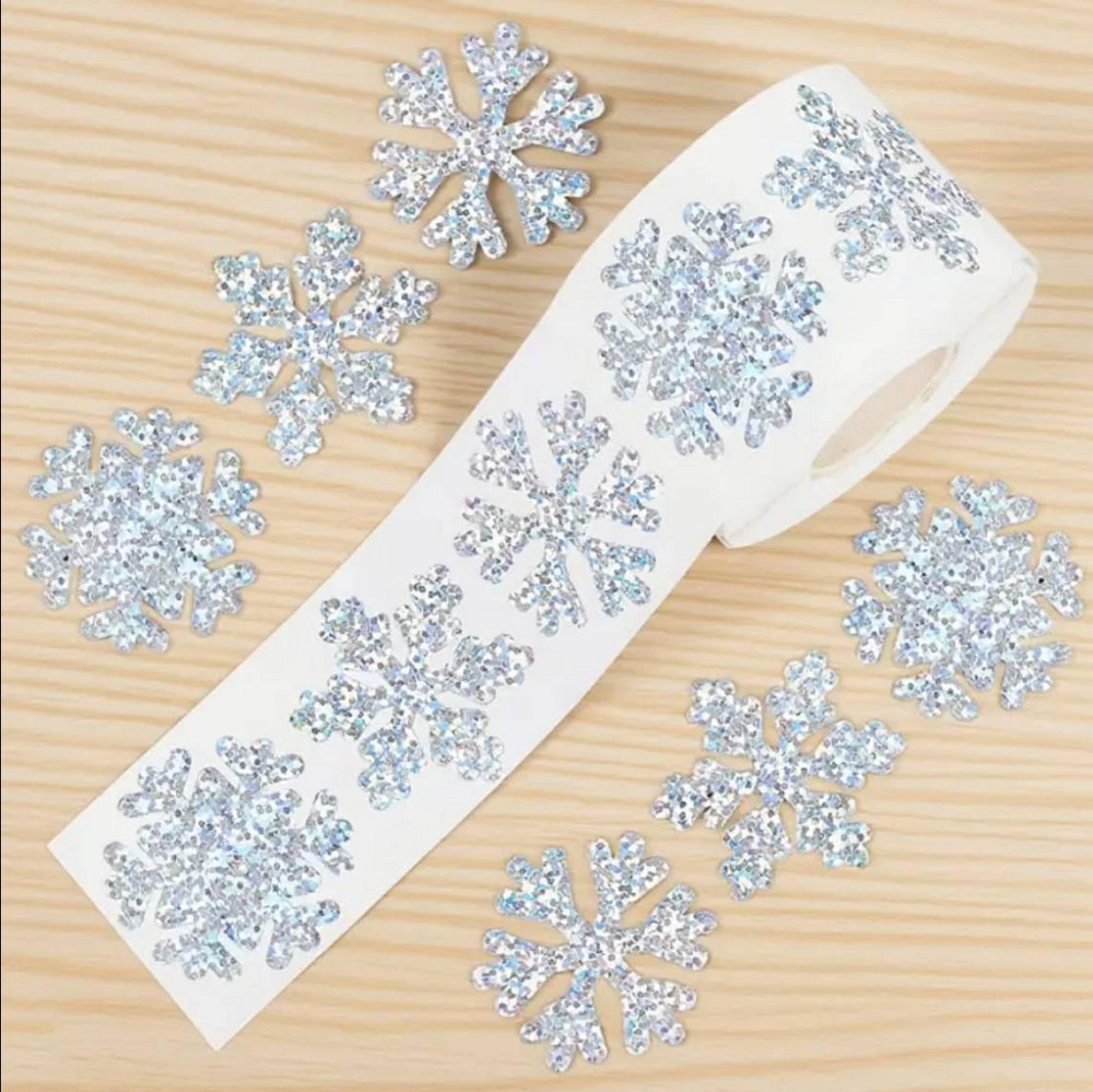 Новогодние наклейки снежинки серебряные, 500 шт, рулон Киев - изображение 1