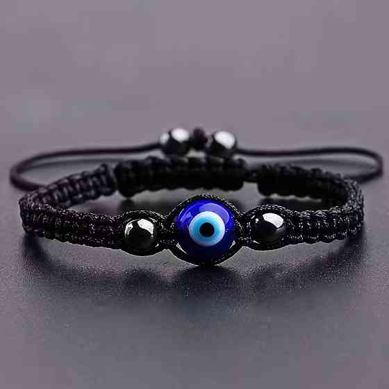 Браслет-оберег от сглаза плетёный чёрный шнур с бусиной Киев