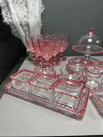 Набір піал з підносом «Рожеве Серце» піднос 2,5*12,5*30 +3 пили 125 мл прозр. з розов. обідком у вигляді серця Київ