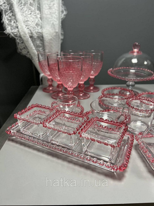 Набір піал з підносом «Рожеве Серце» піднос 2,5*12,5*30 +3 пили 125 мл прозр. з розов. обідком у вигляді серця Київ - фото 2