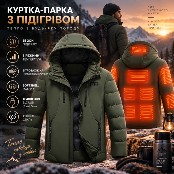 Куртка-парка з підігрівом 15 зон, Softshell, 3 режими, USB, хакі, вітрозахисна, з капюшоном, унісекс Київ