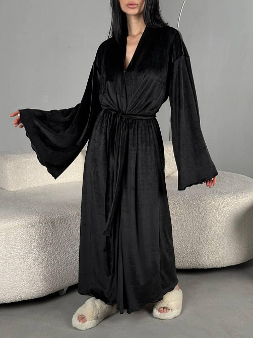 Женский стильный домашний велюровый макси халат плюш велюр Черный, 48/52 Одесса - изображение 2
