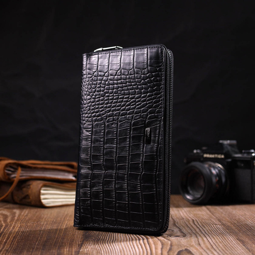 Добротний чоловічий клатч з одним відділенням з натуральної шкіри з тисненням під крокодила BOND 22030 Чорний Київ - фото 7